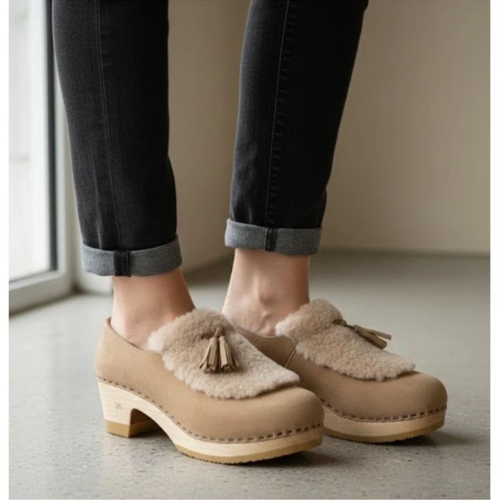 No. 6 Billie Tan Suede Shearling Fur Tassel Clogs
